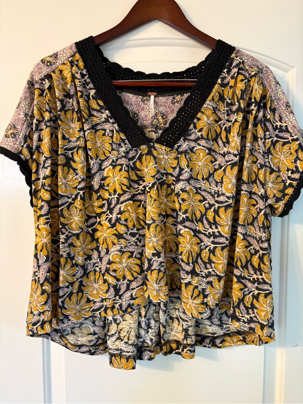Free People Women's Floral V-Neck Short Sleeve Top in Mustard and Black